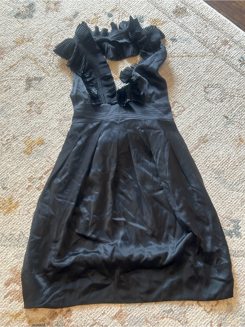 BCBGMaxAzria 100% Silk Black One-Shoulder Ruffled Dress